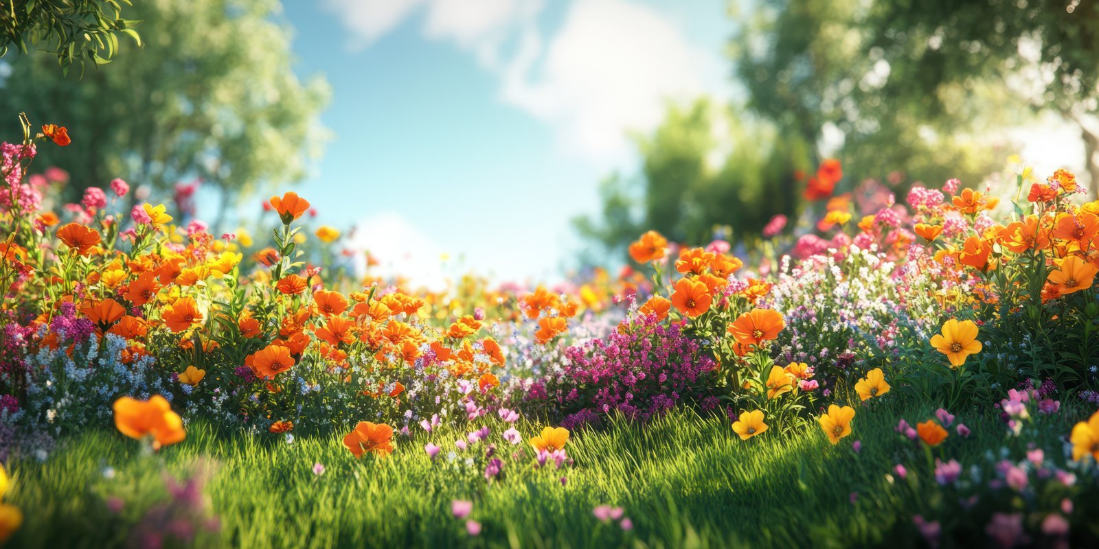 Colorful wildflower meadow in full bloom under a bright blue sky during springtime